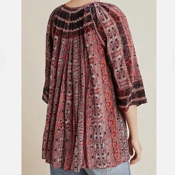 Anthropologie Tunic Blouse Top Flowy Tribal Print Red Black Pullover Small - Picture 3 of 9